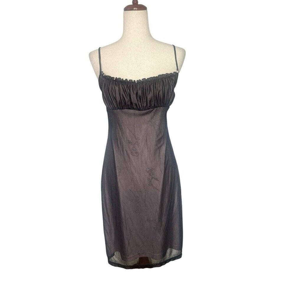 Vtg Y2k Milkmaid Dress Fits M Black Pink Sheer Whimsigoth Goth Fairy Sequin